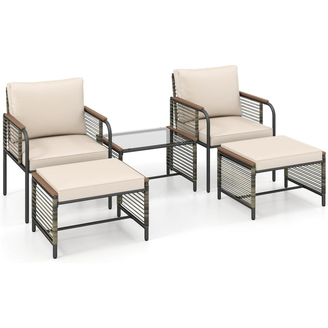 Salotto modulare da esterno regolabile in rattan sintetico beige per spazi esterni con piano in vetro tempera